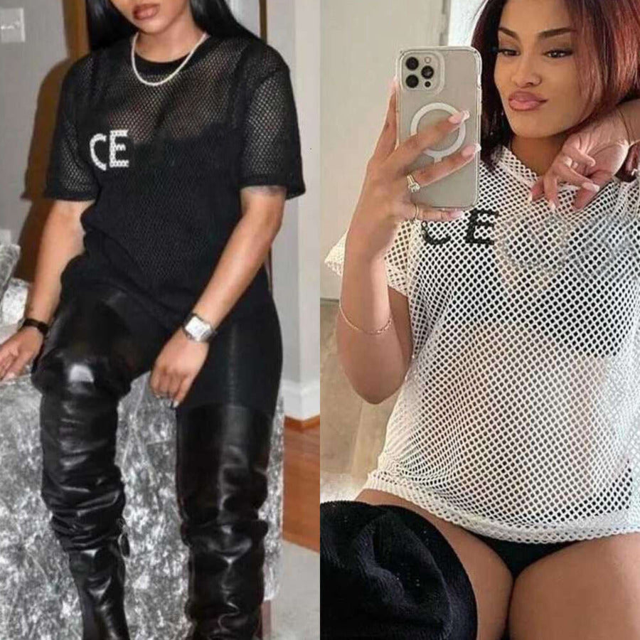 Women T Shirts Designer Clothes Fashion Brand Letter Printing Mesh Hole Fabric Simple Black And White Short Sleeve Top