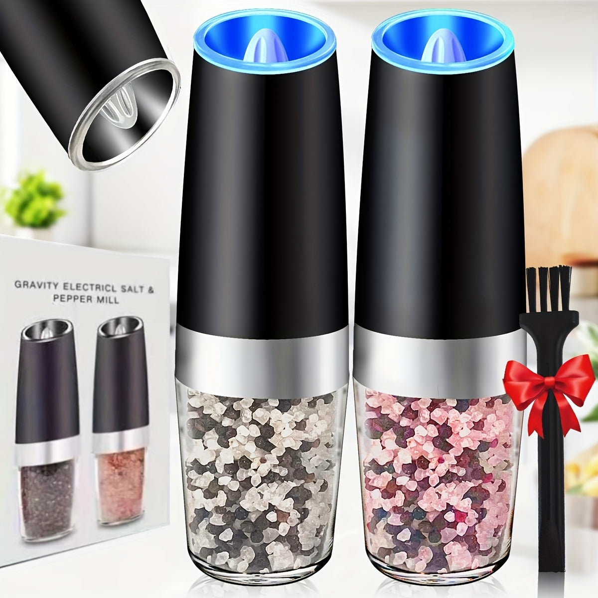 TEMU 1-2-4pcs Gravity Electric Pepper And Salt Grinder Set With Adjustable Coarseness Battery Operated Led Light Stainless Steel (battery Not