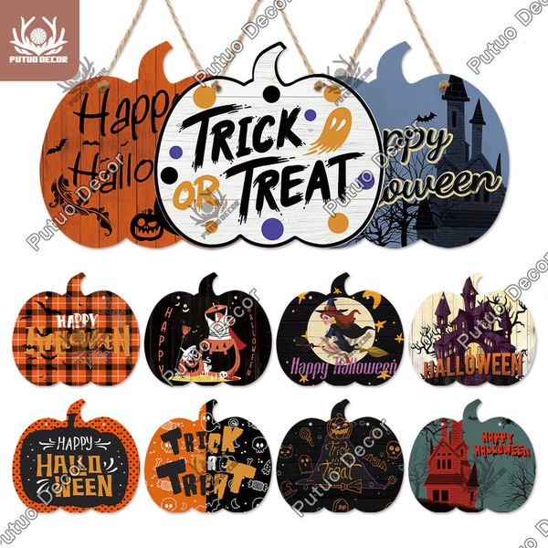 Other Festive Party Supplies Putuo Decor Halloween Wood Sign Pumpkin Shape Wooden Plaque Trick or Treat Hanging Sign Ghost Castle Witch Home