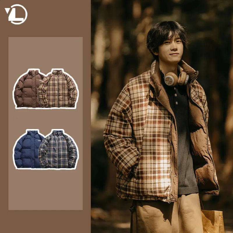 Japanese Double-sided Cotton Jacket Men Checkered Retro Loose Couple Winter Parkas Stand Collar Thicken Fluffy Coat Lightweight 240826