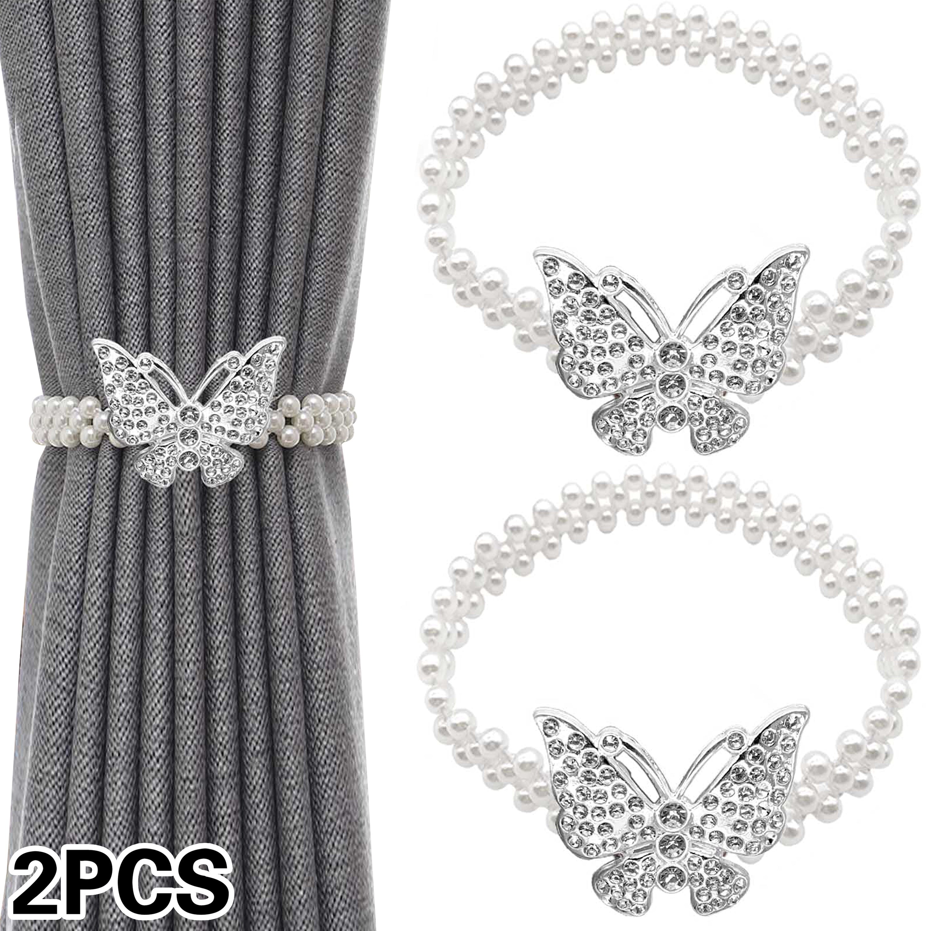 TEMU 2-pack Adjustable Elastic Curtain Tiebacks With Silver-golden Clasps And White Pearl Accents, No-drill Drapery Holdbacks For Home Decor, Ideal