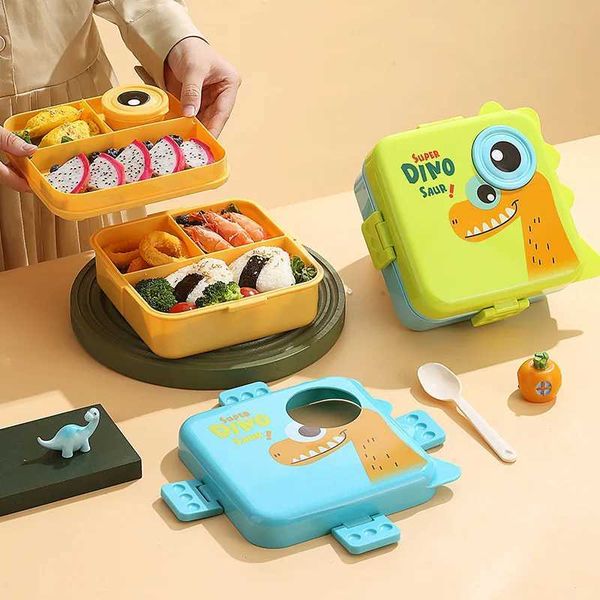 Double layered portable childrens lunch box with sauce box and spoon microwave portable box cutlery set food storage containerX240831