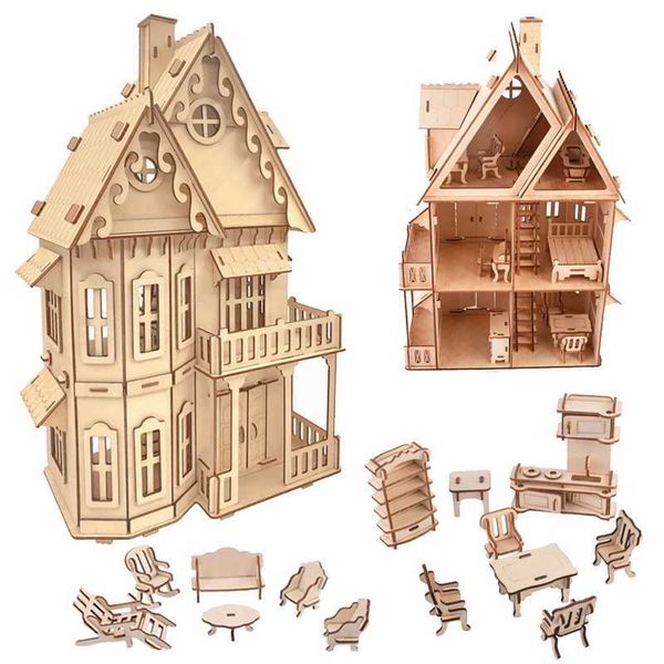 3D Wooden Puzzle Doll House Villa Model DIY Assembled Miniature Dollhouse Furniture Girls Pretend Play Toys For Children KidsXJ241218