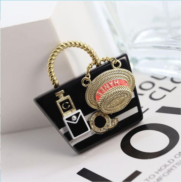 Pins, Brooches High quality luxury jewelry Personalized black women&#039;s flower basket straw hat perfume bottle acrylic zircon gold plated