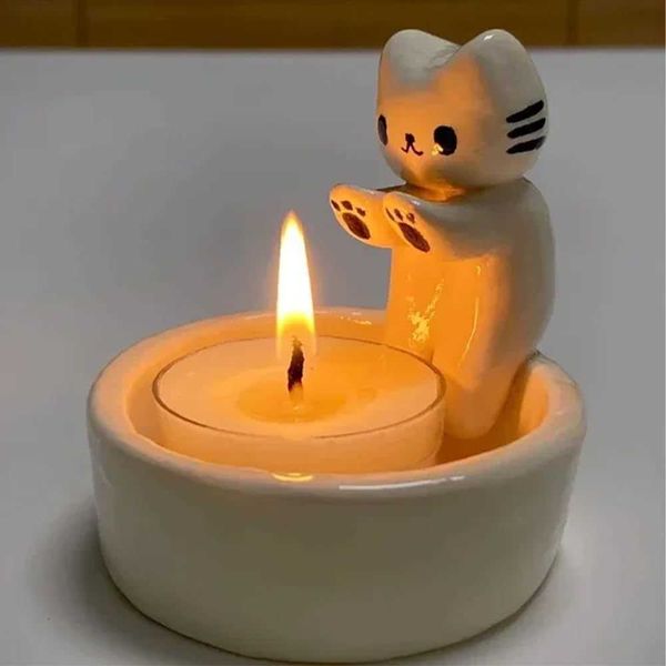 Candle Holders New cartoon cat designed candlestick lamp holder resin handicraft creative home decoration gift H240518