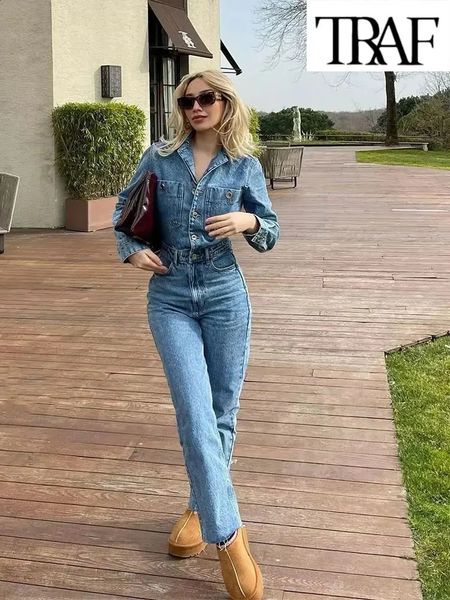 TRAF Woman Jeans Jumpsuit Long Sleeves High Waist Denim Bodysuit Notched Fashion Playsuit Jumpsuits 250109