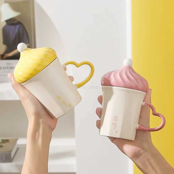 1PC Ceramic Mug with Lid and Spoon Creative Love Handle Water Cup Candy Ice Cream Cup Office Coffee Tea CokeB240720