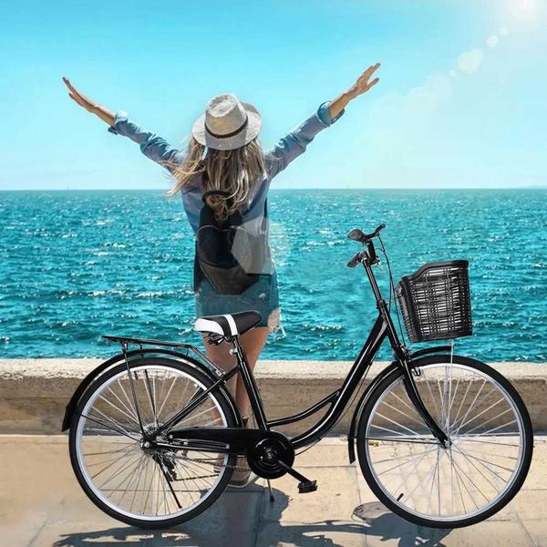 Bikes Adult Bicycle 26 Inch Simple Aluminum Rims Urban Bicycle With Basket Soft Saddle Steel Frame Front Rear V Brakes City Bike H241102