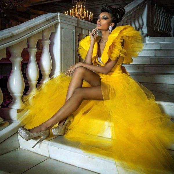 Yellow Fashion Two Pieces Prom Deep V Neck Mini tail Dresses Detachable Train Overskirts Girls Party Gowns 2024 Custom made