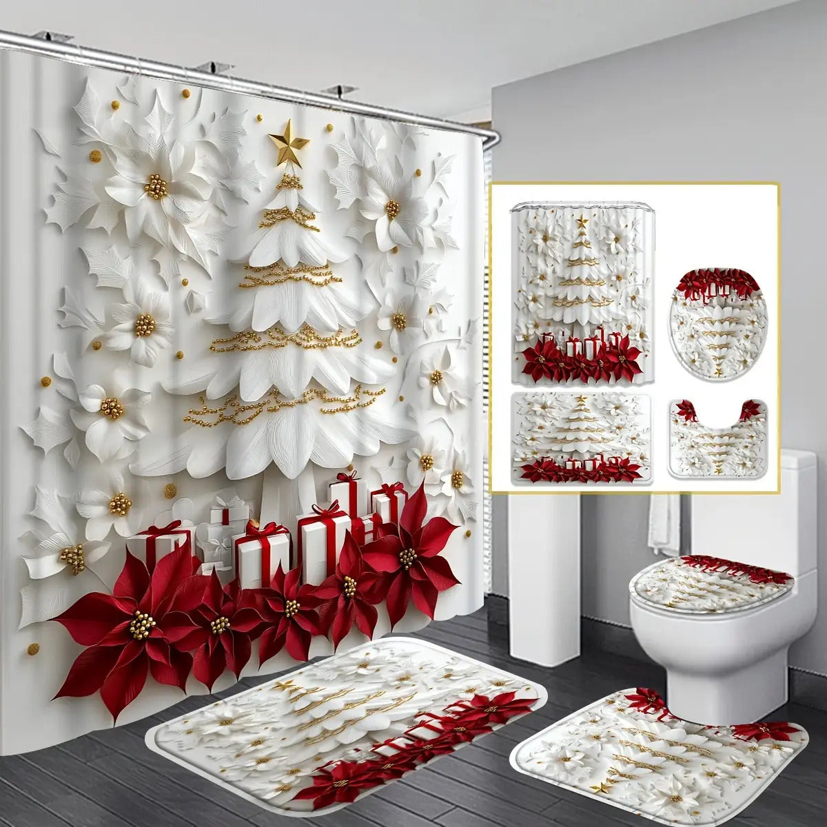 TEMU Christmas Winter Decorative Shower Curtain, Christmas Tree Shape Shower Curtain, Polyester Washable Shower Curtain, Set Includes Non-slip Bath
