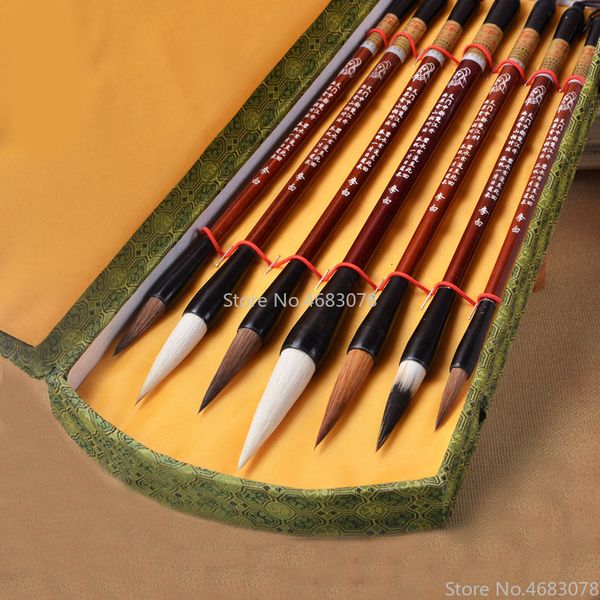Painting Pens 7pcslot Chinese calligraphy brush pen set weasel hairWoolen Hair writing medium regular script gift box 230706