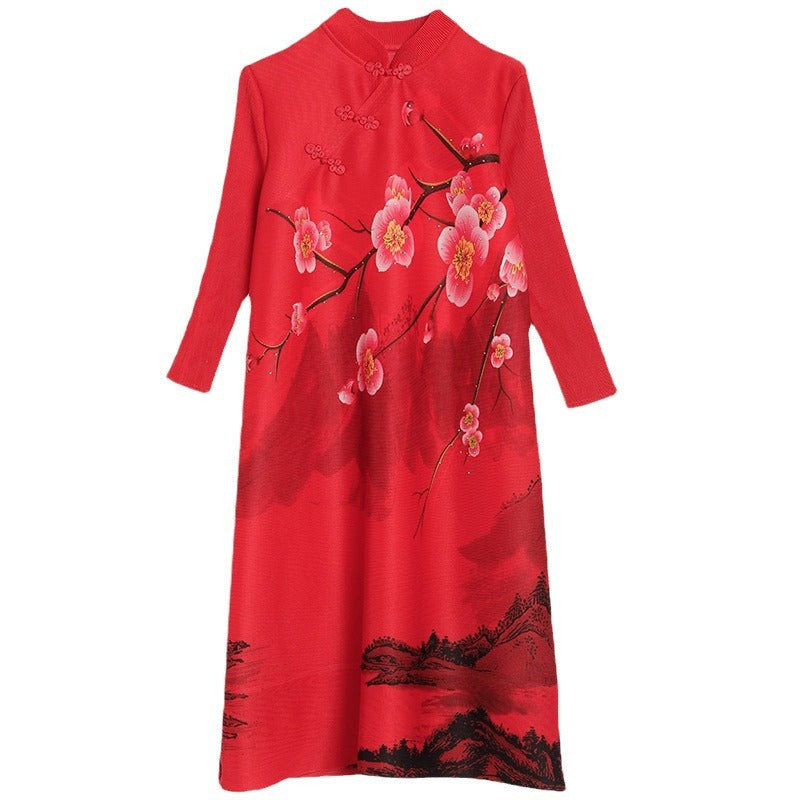 (102) Red dress long skirt Nanyou stall new Chinese style buttoned slanted collar hot diamond national style skirt