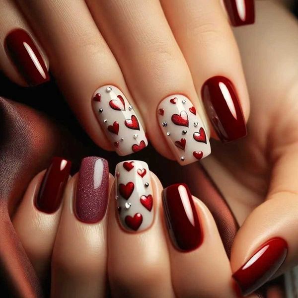 24pcs Ballet False Nails Simple Red Design Glitter Fake Nails Pearl Short Square Valentines Day Datachable Press on Nail TipsXJ250110