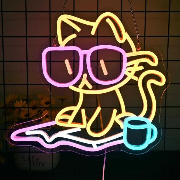 Cat Reading Book Neon Lights for Wall Decoration Reading Cat Neon Lights for Classroom Books Party Libraries Reading Room Decoration Gifts X