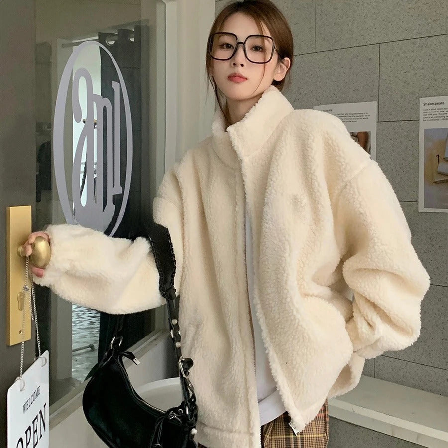2024 Spring and Autumn Embroidered Letter Loose Stand Collar Thick Lamb Fleece Coat for Women Warm Lamb Fleece for Men 240919