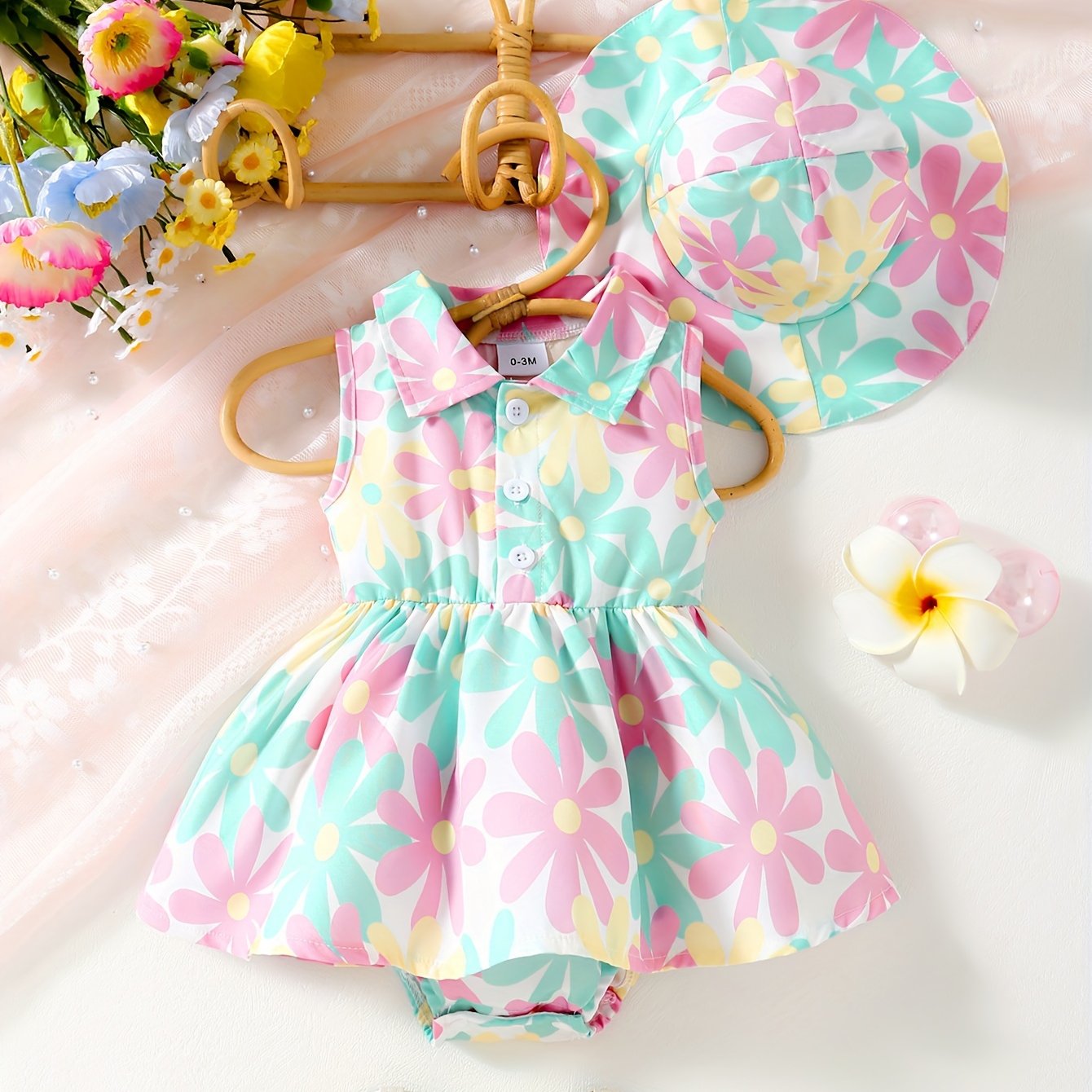TEMU 2 Pieces Of Baby Girl Summer New Floral Full Print Lapel Cardigan Sleeveless Jumpsuit+beach Sun Hat Set