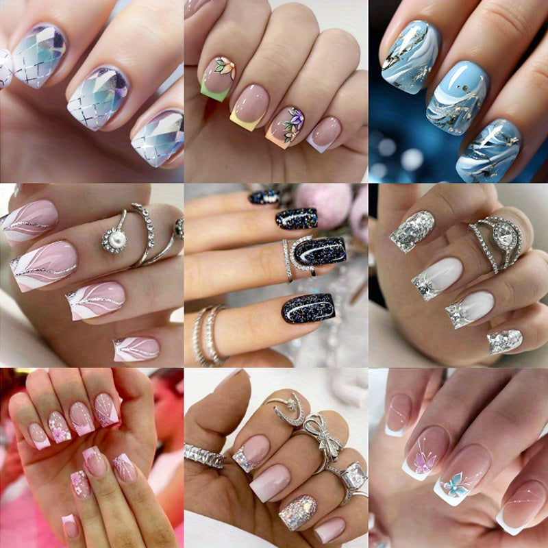 TEMU 9 Sets Of 216 Short Square Fitting Nails, Mixed Color Plant And Stripe Pattern, Reusable Fake Nails Suitable For Women And Girls, Glossy Surface