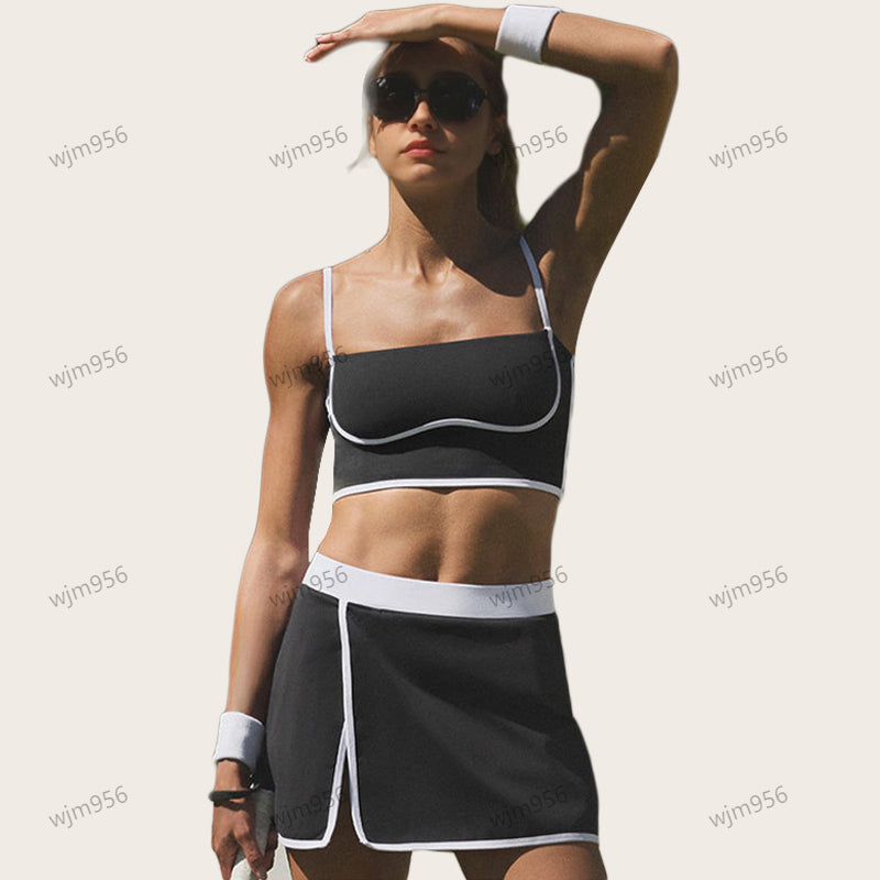 Yoga sports bra Short skirt set color collision bralette have gathered halter undershirt lingerie jump close vest fitness tennis skirt workout Gym C