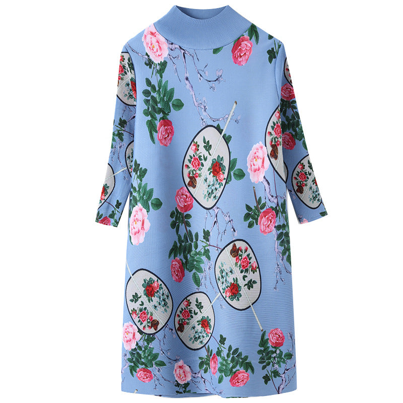 (142) One-piece dress, mid-length, spring and summer, Miyake half-high collar, pleated loose mother&#039;s dress