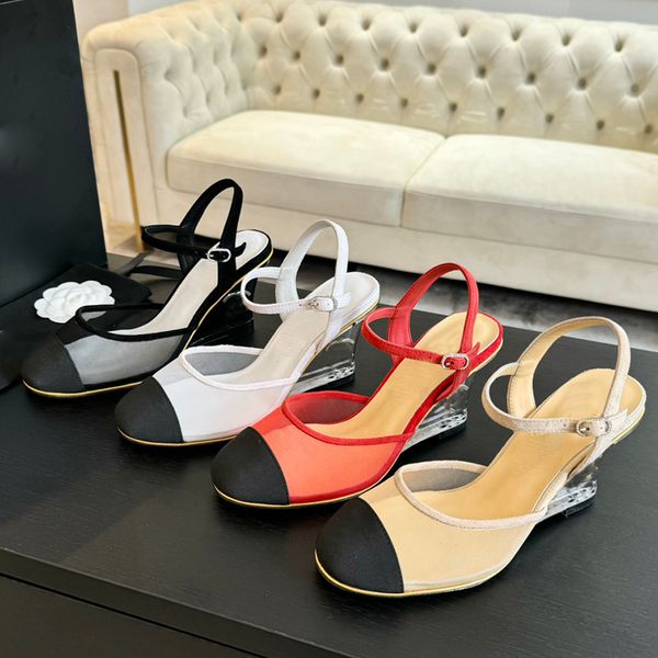 24FW Luxury Womens Platform High Heels Wedges Dress Shoes Sheer Heel Mesh Sandals Designer Mary Jane Shoes Lambskin Platforms Shoes Cover He