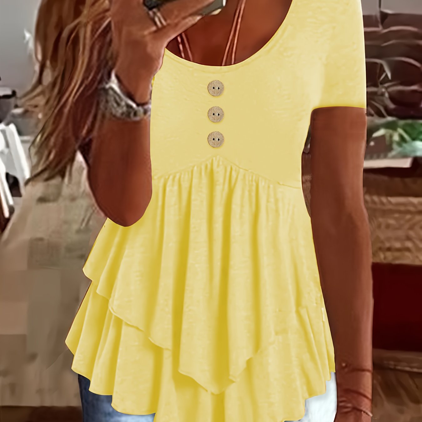 TEMU Women's Mint Green Crew Neck T-shirt - Non-stretch Casual Blouse With Front Button Closure, Tiered Flare Hem For Everyday & Formal Outfits -