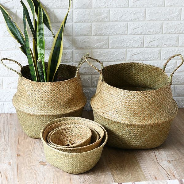 Wicker Storage Baskets Straw Wicker Rattan Hanging Flowerpot Seagrass Folding Laundry Basket Plant Basket Seaweed Home Decor 240920