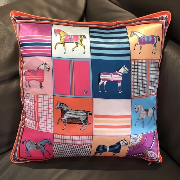 Cushion Decorative Pillow Silk case Brand Design Plaid Horse Sofa Throw Chair Car Cushion Cover Home Decoration Fashion