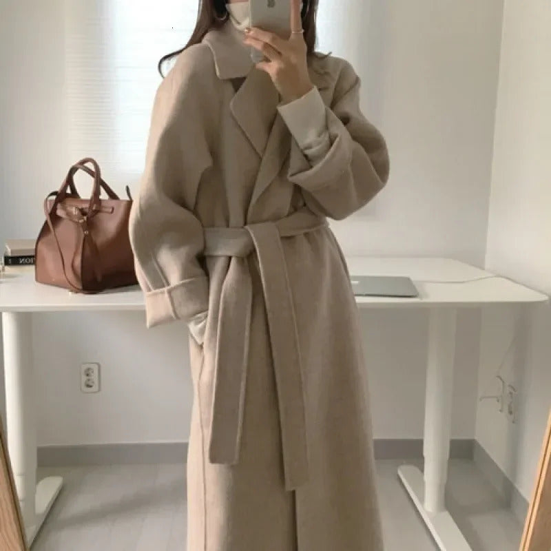 Long Wool Coats Women Midi Waist Lace Up Belt Blends Splice Full Sleeve Cardigan Solid Thick Warm Jackets Straight Winter 250813
