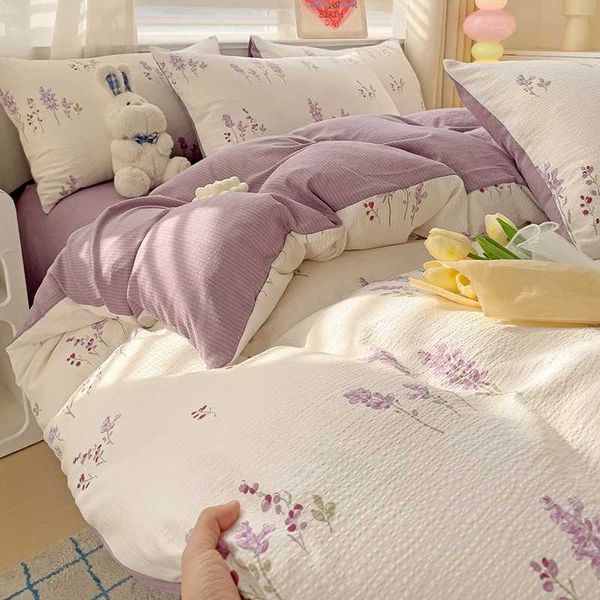 Purple Lavender Washed Cotton for Boys Girls Ins Korean Style with flat bed sheets and pillowcases unfilled queen size bed linen Y241024