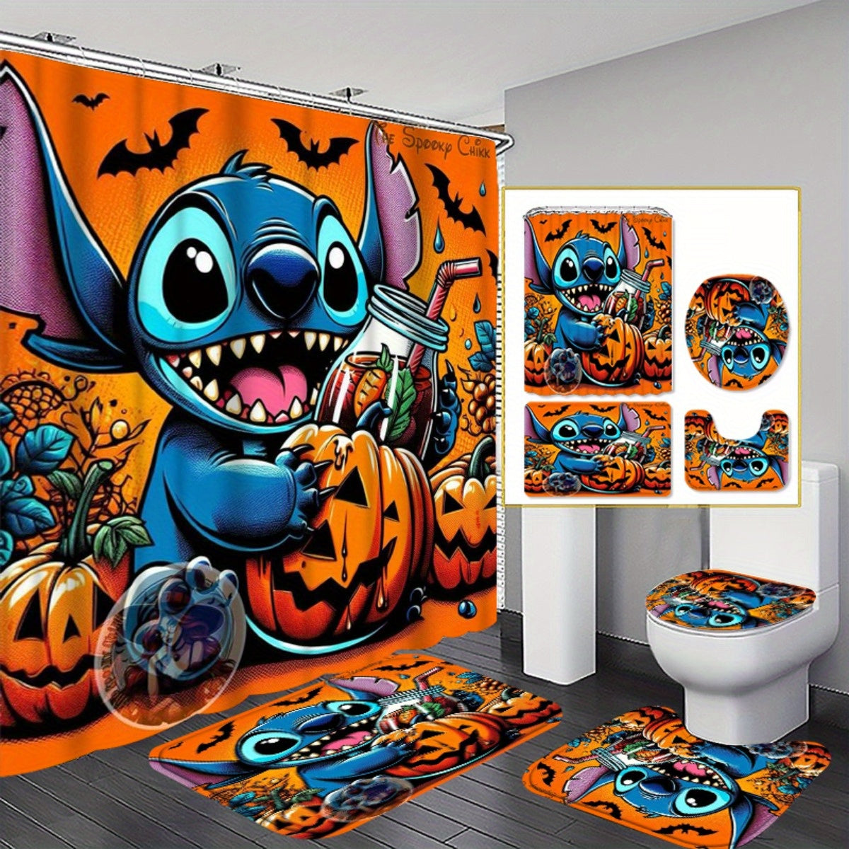 TEMU 1 Or 4pcs Halloween Cartoon Theme Shower Curtain Set, Cute Blue With Pumpkins, Autumn Holiday Decor, Fun And Whimsical Bathroom Accessories 4pcs