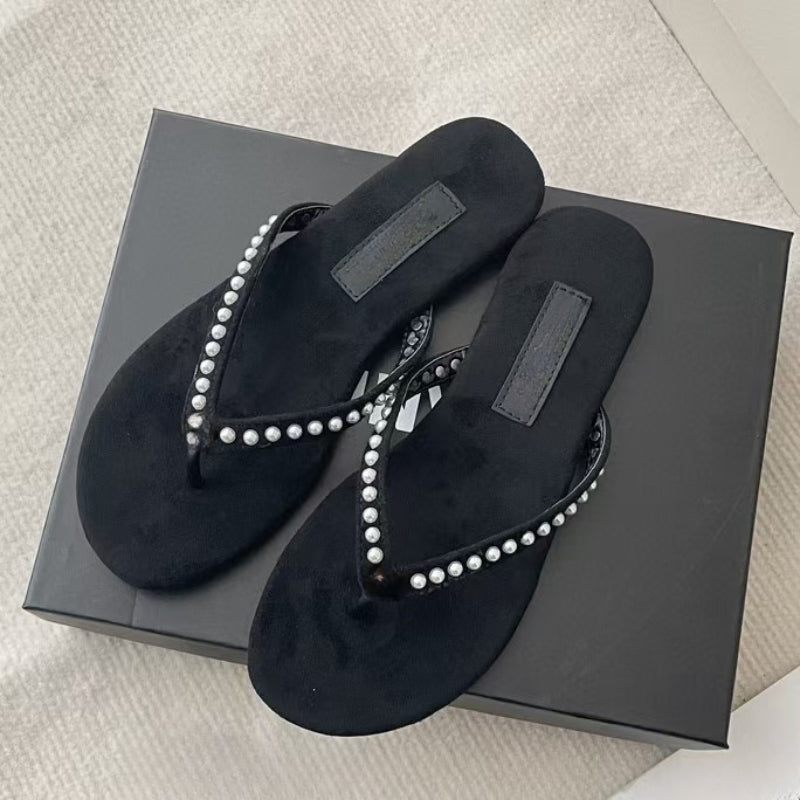 2025 Summer Luxury Designer Women&#039;s Slippers Diamonds Pearl Flip Flops Beach Travel Sandals Shoes Slide Fashion Wide Flat Flip-flops Letter San