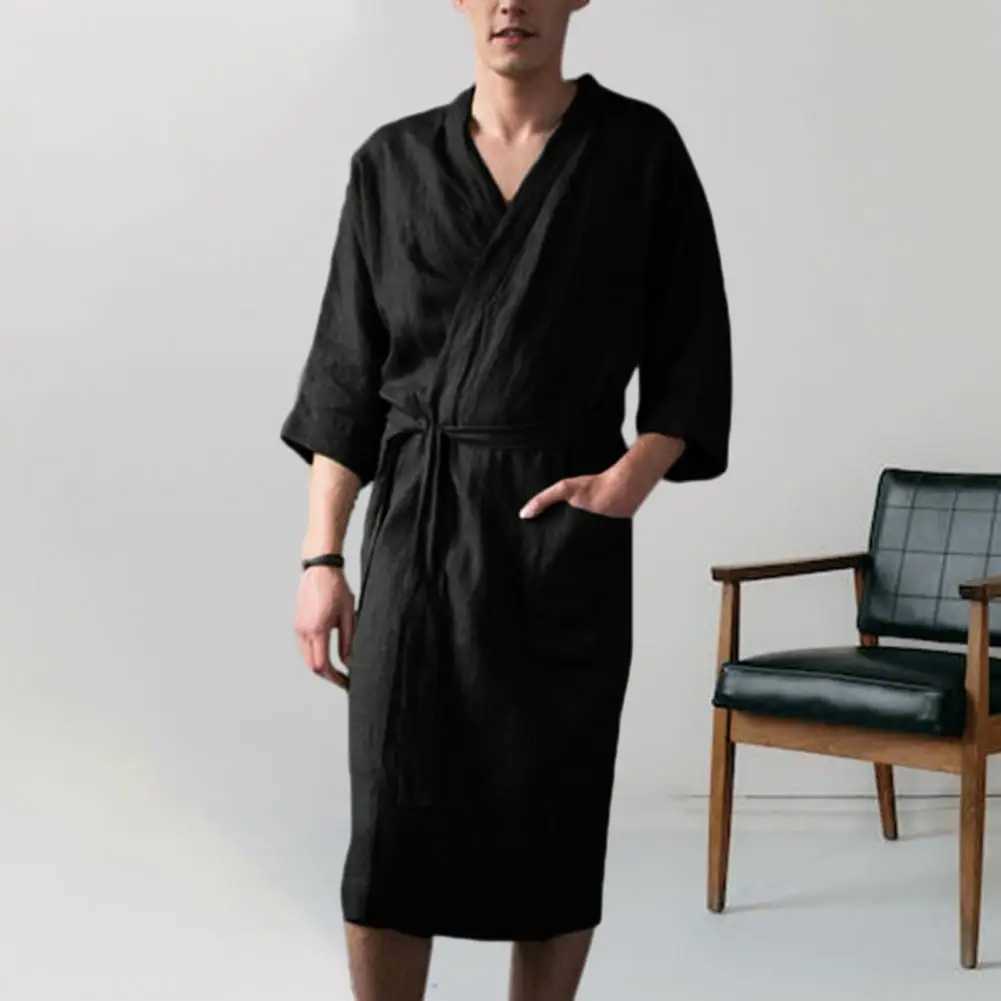 Men Nightgown Men Bath Robe Soft Water Absorption Lace Up Cardigan Sleepwear Three Quarter Sleeves Loose Men Bathrobe Nightgown Y240919