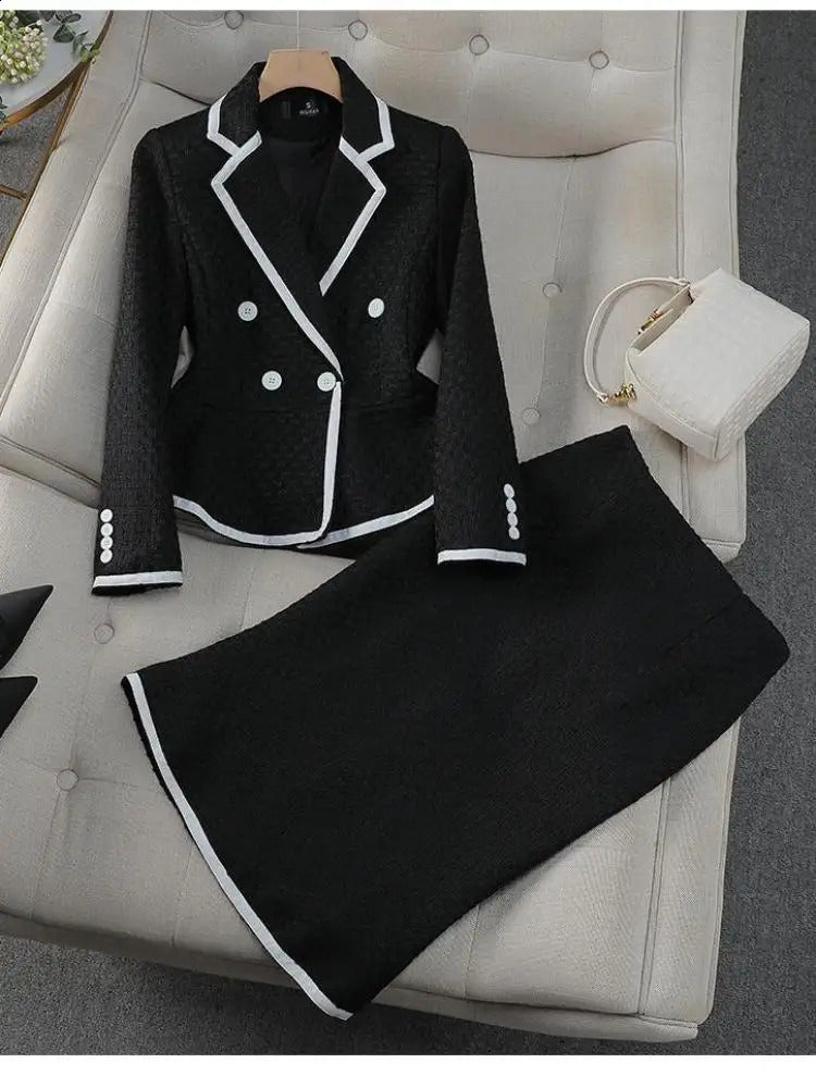 Black White Patchwork Office Lady French Two Piece Suit Women Long Sleeve Double Breasted Short Blazer High Waist Midi Skirts 240727