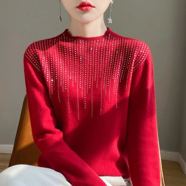 Half high neck diamond sweater for womens winter long sleeved solid color warm and elegant knitting with top 100% Merino wool jumper 241122