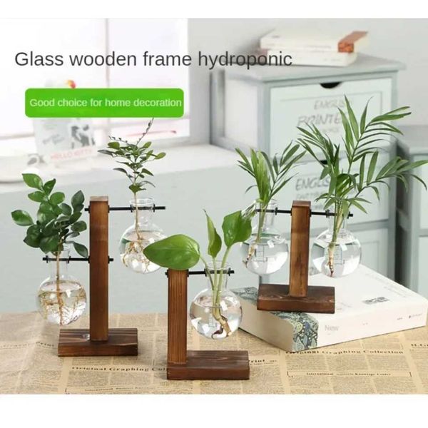 1Pc Terrarium Hydroponic Plant Vintage Flower Pot Transparent Vase Wooden Frame Tabletop Plants Bonsai Decor Vazo FloralT250117