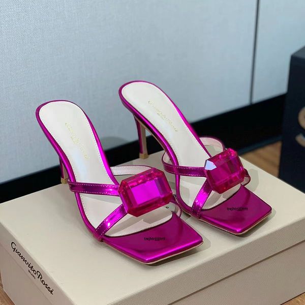 designer- Mirror paint leather stiletto Slippers mules square toe sandals Large particle rhinestone Peep Toe Evening shoes women luxury high