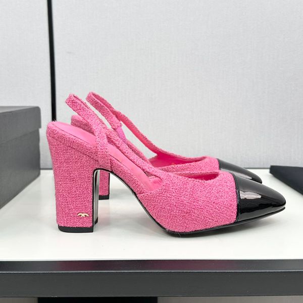 Womens Slingbacks Dress Shoes Designer Slip On Sandals Tweed Round Toes Chunky Heels 6.5-9.5cm Wedding Shoe Ladies For Party Purple Red Leis