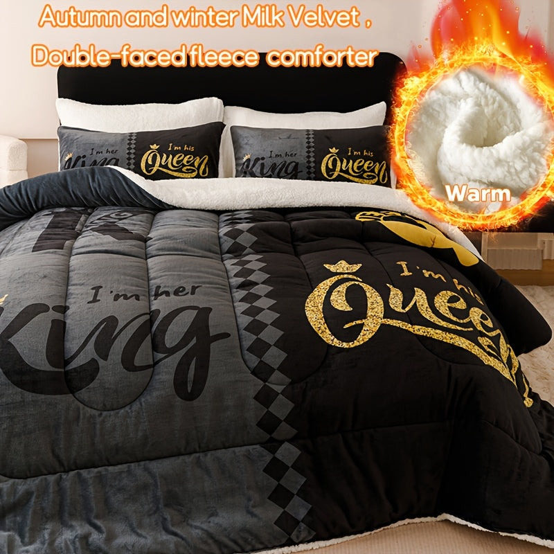 TEMU 2-3pcs Winter Thickening Super Soft Velvet Type Black Grey Crown Letter 800g Milk Velvet Quilt Set (1quilt+1-2 Pillowcase Without Pillow Core)