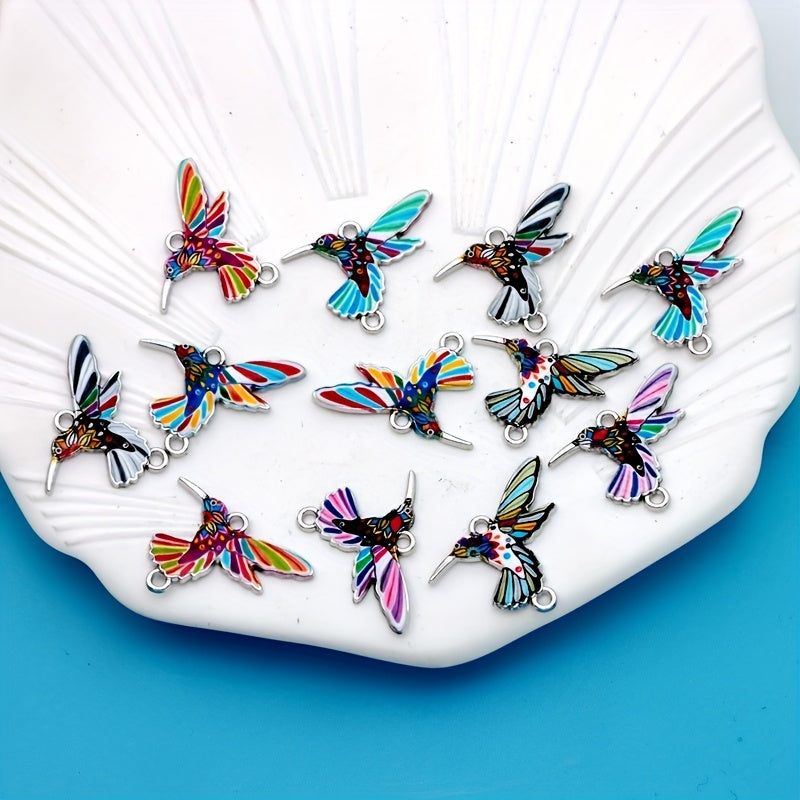 TEMU 12pcs Vibrant Enamel Hummingbird Charms - Colorful Alloy Flower Bird Connectors For , Bracelets, Earrings & Crafts, Mixed Sizes, Silvery Plated,