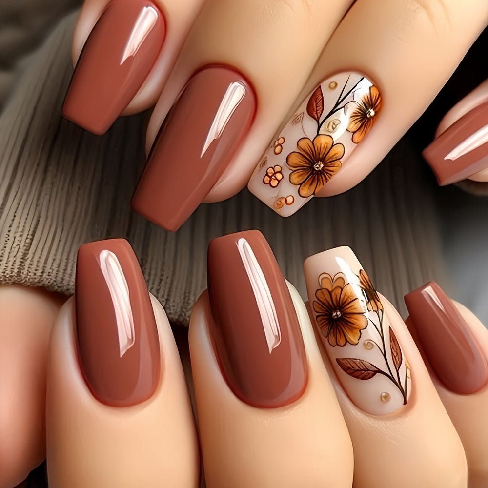 TEMU Show Your Beauty: 2 Sets Of 48pcs Coffin Shaped Amber Sunflower Leaf Glossy Elegant Fake Nails, Autumn And Winter Fashionable Design,