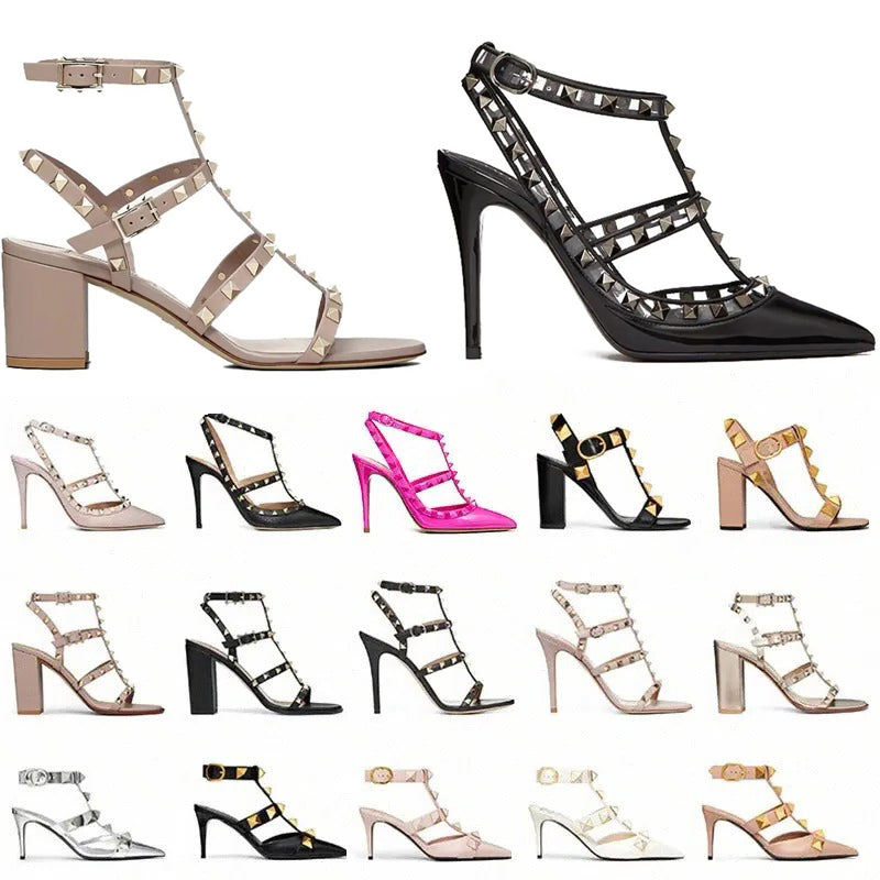 Luxury Stud Sandals Women High Heels designer slippers Womens Sandal Leather Rivet Dress Shoes woman Black Silver Gold Pink Pointed Peep-toes Lady S