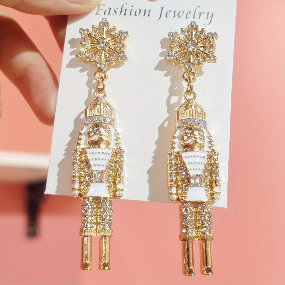 TEMU Bohemian Nutcracker Dangle Earrings With Sparkling Rhinestones – Golden-tone Soldier Design, Festive Holiday Party Jewelry For Women, Perfect