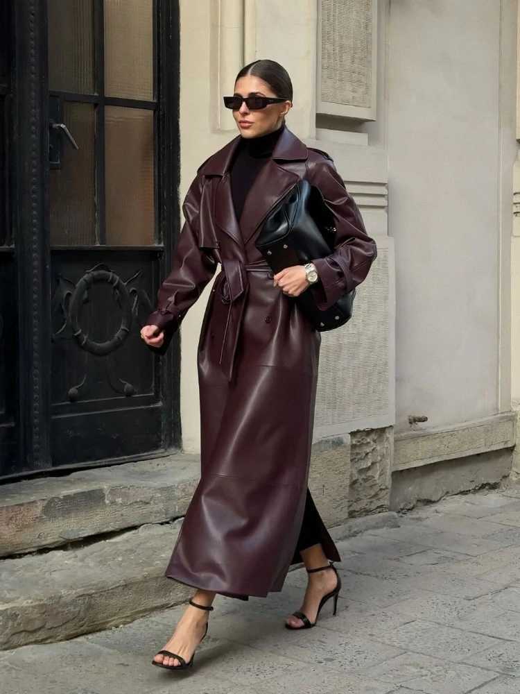 Women&#039;s Trench Coats Autumn and Winter Burgundy Lace Matte Leather Jacket Womens Fashion Collar Button Full Slip Long Coat 2024 New Strt Coat T