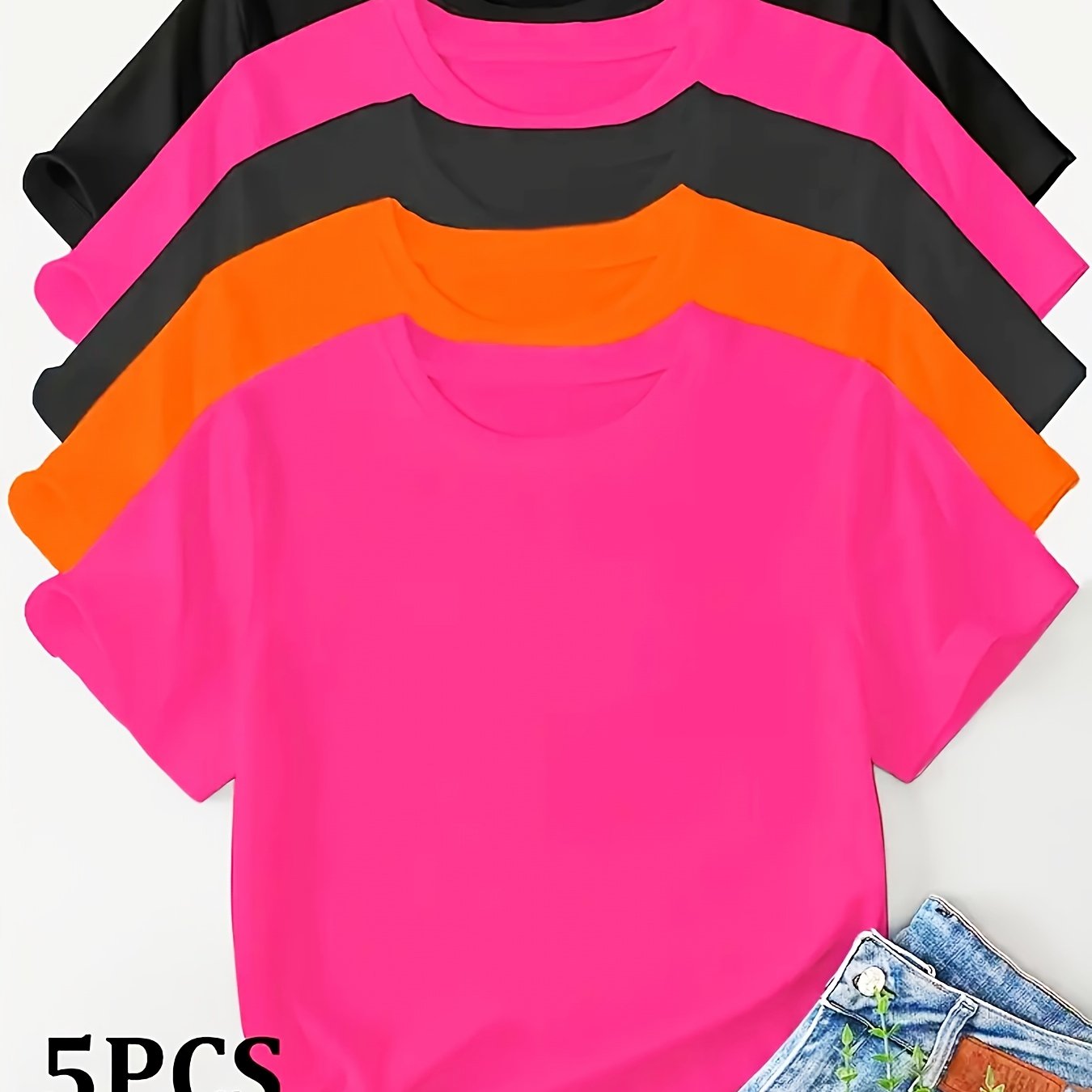 TEMU 5pcs Sets | & 2pink & 1orange | Women's Plus Size Breathable Stretch T-shirts Suit - Short Sleeve, Round Neck, Solid Color, Casual Sporty Tees