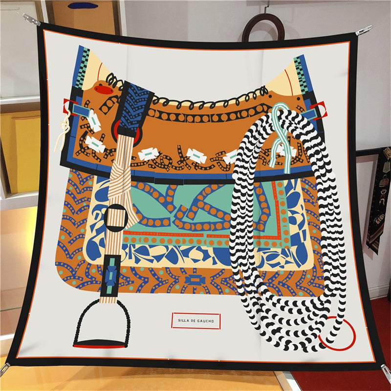 Silk Scarf Women Saddle Tassel Printing Square Scarves Head Echarpes Silk Foulards Fashion Femme Wraps Beach Shawls Bandana Lady Hijabs 90CM X 90CM