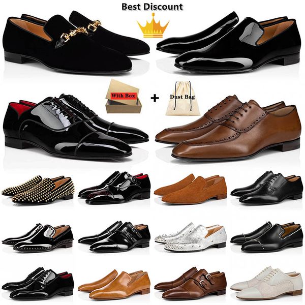 2024 With Box Top Designer Red Bottoms Men Dress Shoes Genuine Leather Patent Black Brown Rivets Slip On Office Business Loafers Bottom Snea