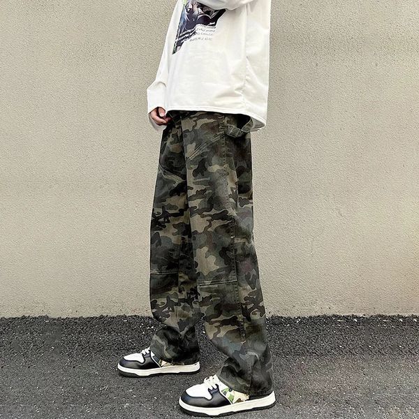TFETTERS Young Fashion Men Jeans Autumn Camouflage Safari Style for Casual Loose Mid Straight Baggy Pants 241126