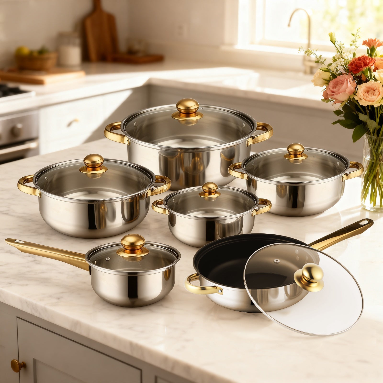 TEMU 12pcs Stainless Steel Cookware Set, Stainless Steel Pots And Pans Set, Pots And Pans Set With , Frying Pans, Saucepan, 6 Glass Lids, Works With