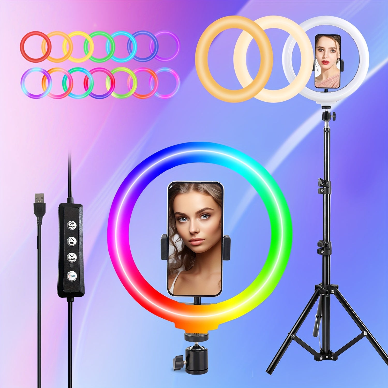 TEMU 10" Ring Light And Adjustable Stand With 2 Phone Holders - 38 Vibrant Color With Dimming-speed Control - Makeup, Photography, And Live