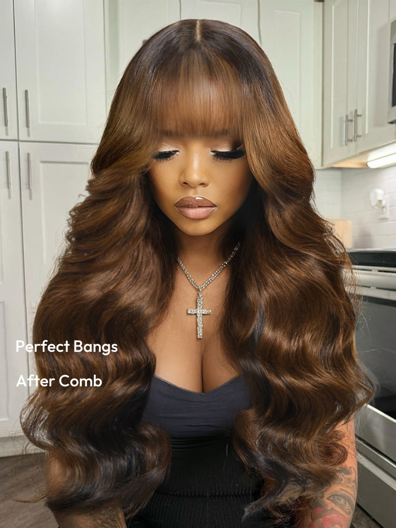 18'' UNice 7x5 Black Brown Money Piece Fluffy Loose Wave Curtain Bangs Wig Bye Bye Knots Wig